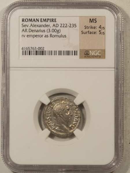 Ancient Coins AD 222-235 ROMAN EMPIRE SEV ALEXANDER AR DENARIUS, AS ROMULUS 3g NGC MS 4/5 5/5