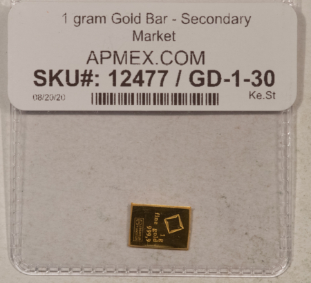 Bullion 1 GRAM .9999 FINE GOLD BAR IN APMEX FLIP