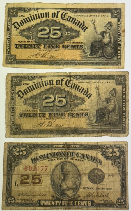 New Store Items 1900 1900 1923 DOMINION OF CANADA 25C NOTES, LOT OF 3 – VERY GOOD/FINE!