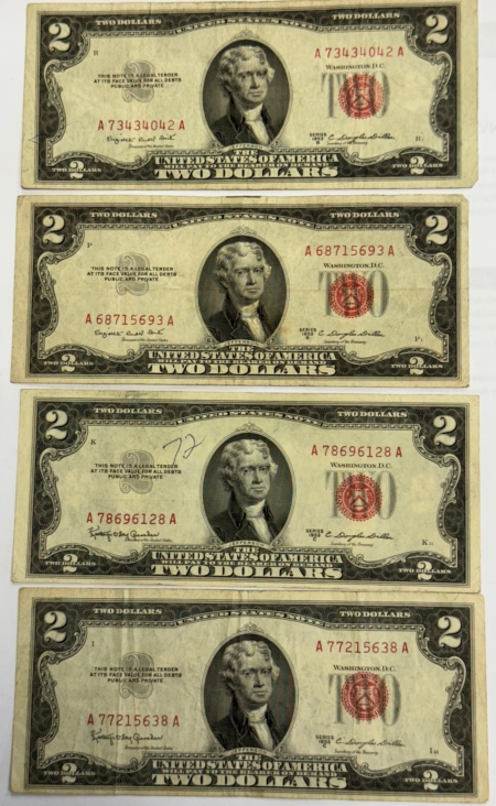 New Store Items 1953-B/C $2 UNITED STATES NOTES LOT OF 4 – VF SOME MINOR FAULTS FR-1511, FR-1512