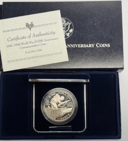 Modern Commems 1991-95 WORLD WAR II 50TH ANN COMMEMORATIVE SILVER DOLLAR – GEM PROOF W/ BOX/COA