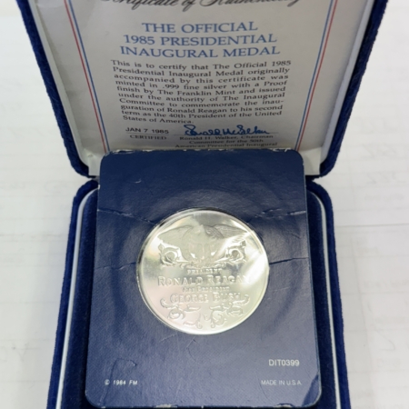 Exonumia 1985 RONALD REAGAN .999 1 OZ SILVER INAUGURAL MEDAL – GEM PROOF WITH OGP!