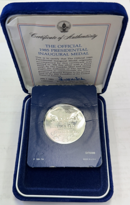 Exonumia 1985 RONALD REAGAN .999 1 OZ SILVER INAUGURAL MEDAL – GEM PROOF WITH OGP!
