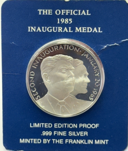 Exonumia 1985 RONALD REAGAN .999 1 OZ SILVER INAUGURAL MEDAL – GEM PROOF WITH OGP!