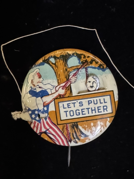 New Store Items POPULAR “HANG HITLER” WWII PATRIOTIC 1 3/4″ MECHANICAL BUTTON; BRIGHT/NEAR-MINT!