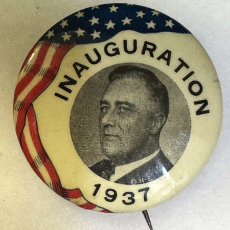New Store Items 1937 FRANKLIN ROOSEVELT 1 3/4″ INAUGURAL BUTTON-COLORFUL, SCARCE & NEAR MINT!
