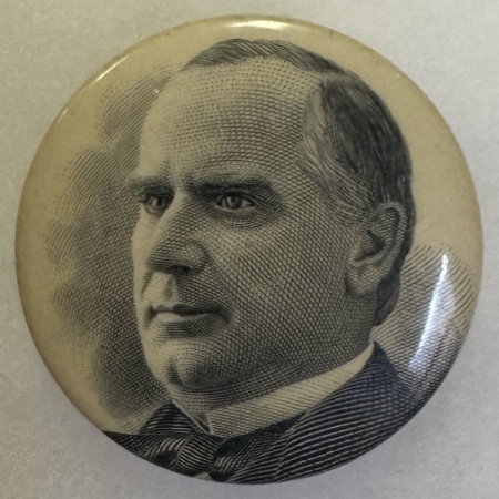 New Store Items 1900 MCKINLEY 1 1/2″ STUD; ENGRAVED PICTURE-VERY UNUSUAL SIZE & STYLE-NEAR MINT!
