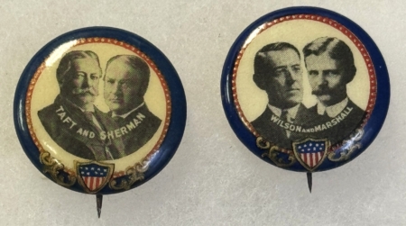 New Store Items 1912 MATED PAIR OF JUGATES-7/8″ WILSON/MARSHALL & TAFT/SHERMAN-GRAPHIC & SCARCE!