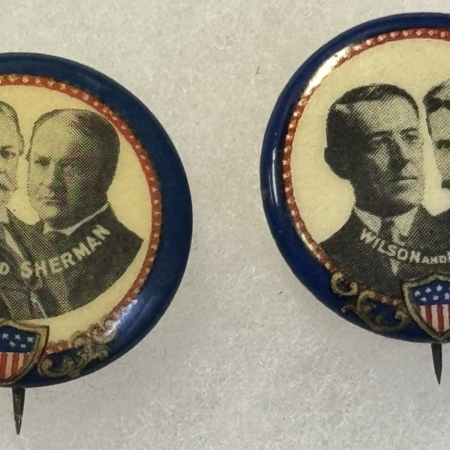 New Store Items 1912 MATED PAIR OF JUGATES-7/8″ WILSON/MARSHALL & TAFT/SHERMAN-GRAPHIC & SCARCE!