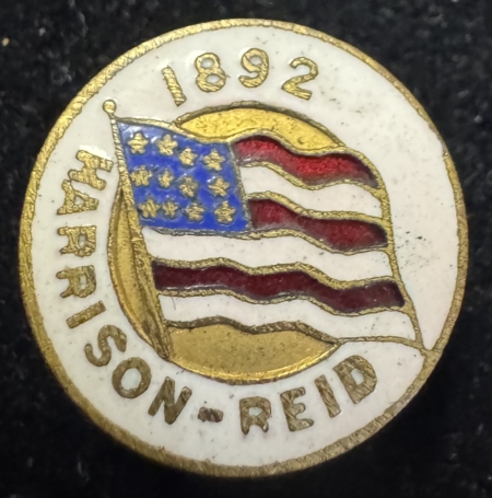 New Store Items 1892 HARRISON-REID ENAMELED CAMPAIGN LAPEL STUD, COLORFUL, GRAPHIC & NEAR-MINT!