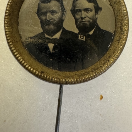 New Store Items 1868 GRANT-COLFAX 1″ FERROTYPE W/ A STICKPIN BACK, SHARP PHOTOS-EXC+ & A BEAUTY!