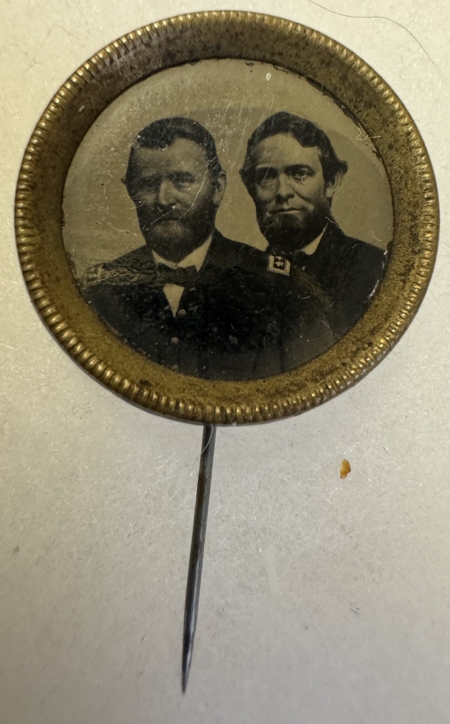 New Store Items 1868 GRANT-COLFAX 1″ FERROTYPE W/ A STICKPIN BACK, SHARP PHOTOS-EXC+ & A BEAUTY!