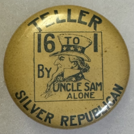 New Store Items 1900 WILLIAM J. BRYAN “TELLER SILVER REPUBLICAN” 1 1/4″ CAMPAIGN BUTTON-NR MINT!
