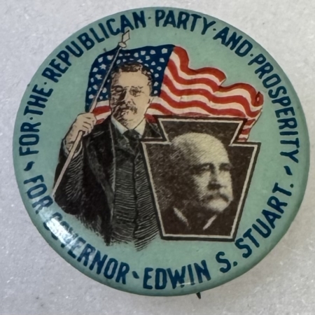 New Store Items 1906 TEDDY ROOSEVELT/EDWIN STUART (GOV-PA) 7/8″ COATTAIL CAMPAIGN BUTTON-MINT!
