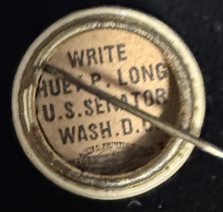 New Store Items 1928 HUEY LONG “EVERY MAN A KING” 5/8″ CAMPAIGN BUTTON W/ LONG BACKPAPER-MINT!