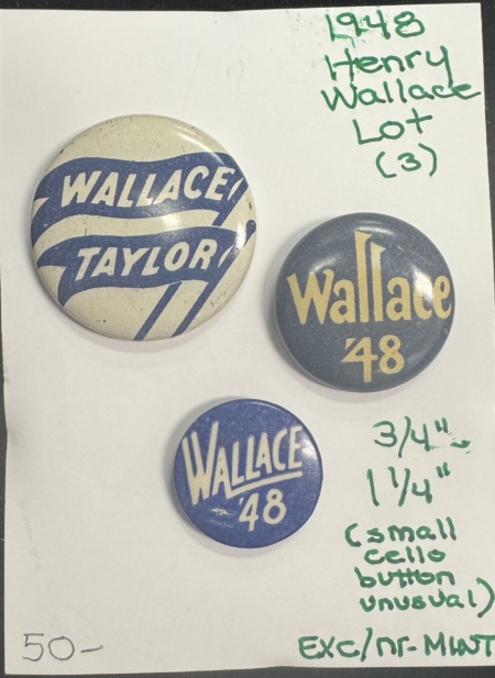 New Store Items 1948 HENRY WALLACE CAMPAIGN BUTTONS-3 DIFFERENT, 3/4″-1 1/4″,  EXC-near MINT!