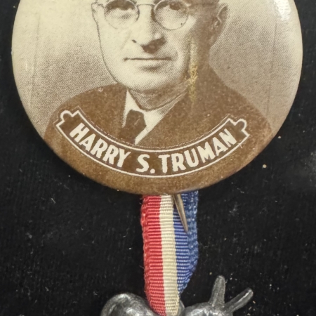 New Store Items 1948 HARRY S. TRUMAN 1 3/4″ SEPIA CAMPAIGN BUTTON W/ RIBBON & DONKEY-MINT!