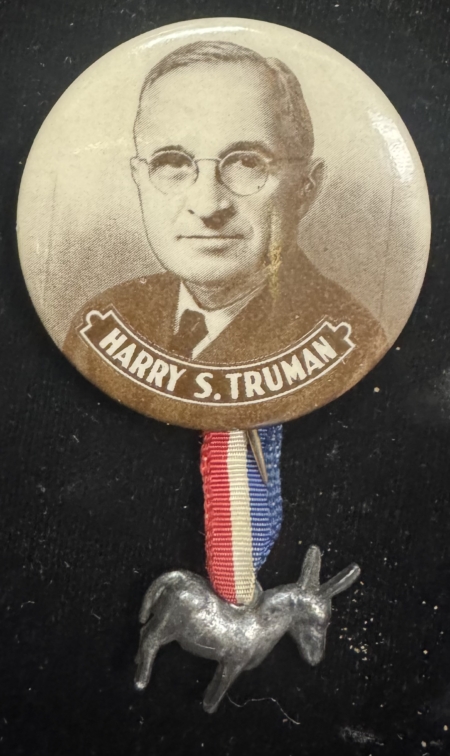 New Store Items 1948 HARRY S. TRUMAN 1 3/4″ SEPIA CAMPAIGN BUTTON W/ RIBBON & DONKEY-MINT!