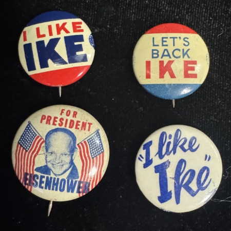 New Store Items 1952-56 EISENHOWER CAMPAIGN BUTTONS-4 DIFFERENT INCLUDING UNUSUAL “I LIKE IKE”!
