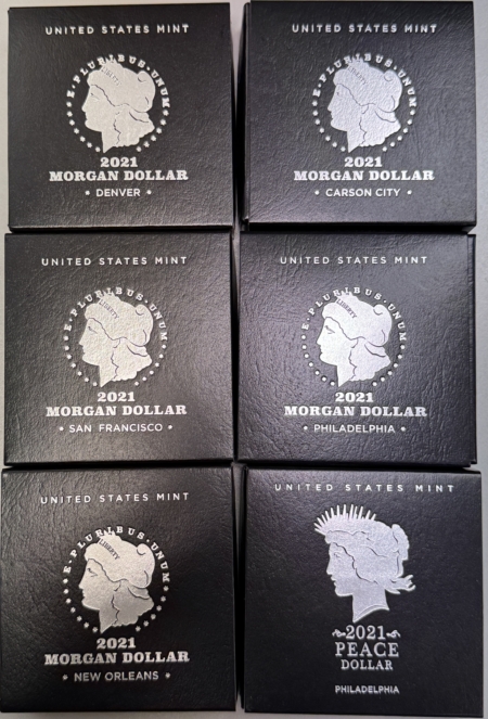 Modern Commems 2021-P/D/O/S/CC MORGAN & PEACE 6 COIN COMPLETE COMMEM DOLLAR SET, GEM BU IN OGP