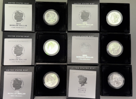 Modern Commems 2021-P/D/O/S/CC MORGAN & PEACE 6 COIN COMPLETE COMMEM DOLLAR SET, GEM BU IN OGP