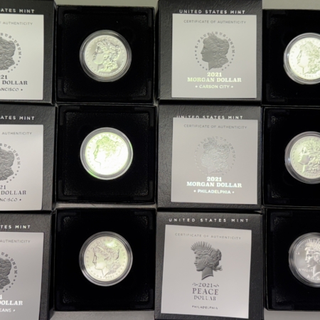 Modern Commems 2021-P/D/O/S/CC MORGAN & PEACE 6 COIN COMPLETE COMMEM DOLLAR SET, GEM BU IN OGP