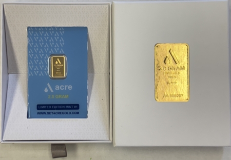 Bullion ACRE 2.5 GRAM .9999 FINE GOLD BAR, LIMITED EDITION MINT #1, SEALED W/ SERIAL #