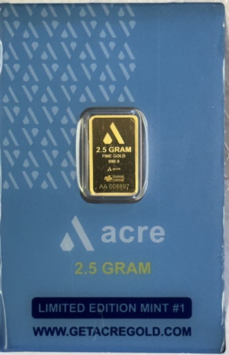 Bullion ACRE 2.5 GRAM .9999 FINE GOLD BAR, LIMITED EDITION MINT #1, SEALED W/ SERIAL #