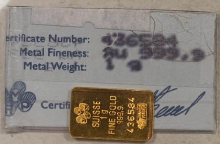 Bullion 1 GRAM PAMP SUISSE .9999 FINE GOLD BAR WITH SERIAL NUMBER & COA!