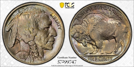 Buffalo Nickels 1919 BUFFALO NICKEL – PCGS MS-66+ REALLY PRETTY COLOR, SUPERB!