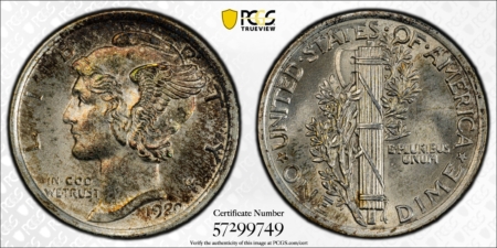 Dimes 1920 MERCURY DIME – PCGS MS-66 FB FRESH ORIGINAL & ATTRACTIVE FULL BANDS EXAMPLE