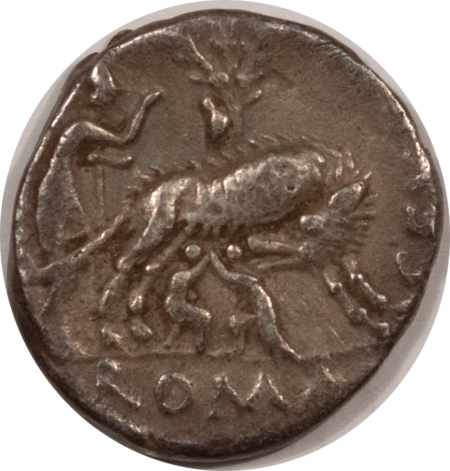 Ancient Coins CA 137 BC ROMAN REPUBLIC AR DERARIUS FOSTLUS 19MM 3.7 GR NICE VF-XF, OFF CENTER