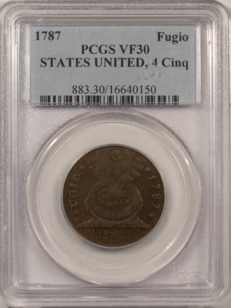 Colonials 1787 FUGIO CENT, STATES UNITED, 4 CINQ – PCGS VF-30, NICE FOR THE GRADE!