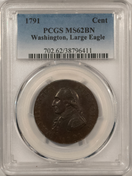Colonials 1791 WASHINGTON CENT, LARGE EAGLE, COLONIAL – PCGS MS-62 BN, RARE IN MINT STATE!