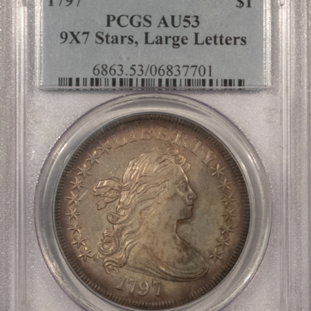 Dollars 1797 DRAPED BUST DOLLAR, 9X7 STARS, LG LETTERS – PCGS AU-53, SO FRESH, ORIGINAL!