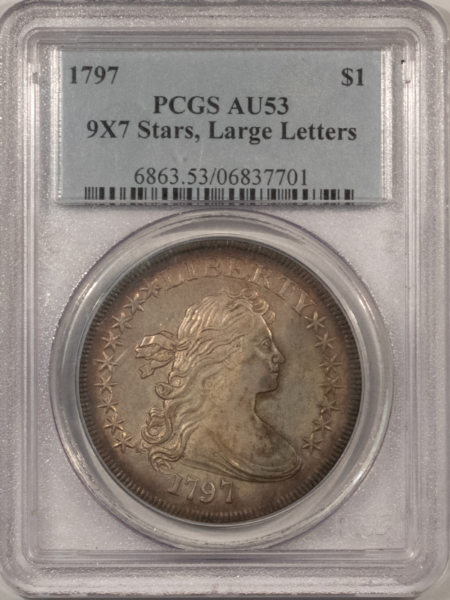Dollars 1797 DRAPED BUST DOLLAR, 9X7 STARS, LG LETTERS – PCGS AU-53, SO FRESH, ORIGINAL!
