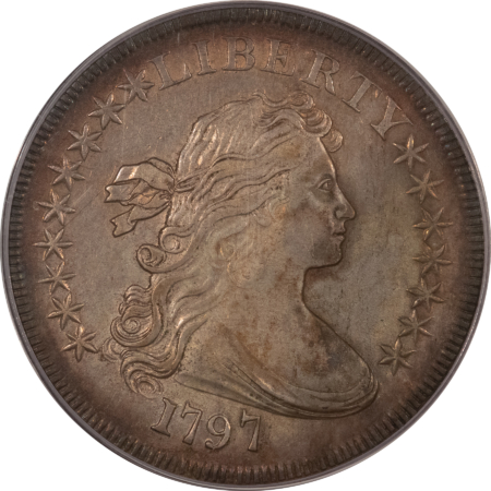 Dollars 1797 DRAPED BUST DOLLAR, 9X7 STARS, LG LETTERS – PCGS AU-53, SO FRESH, ORIGINAL!