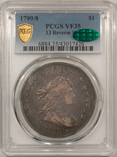 CAC Approved Coins 1799/8 DRAPED BUST DOLLAR, 13 REVERSE STARS – PCGS VF-35 CAC ORIGINAL WHOLESOME!