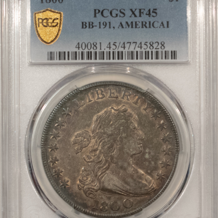 Dollars 1800 DRAPED BUST DOLLAR, BB-191 AMERICA1 – PCGS XF-45, LOVELY, WHOLESOME, PQ!