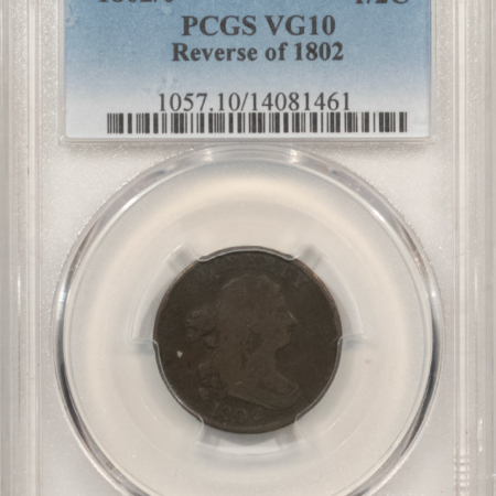 Draped Bust Half Cents 1802/0 DRAPED BUST HALF CENT, REVERSE OF 1802 – PCGS VG-10, VERY RARE, PLEASING