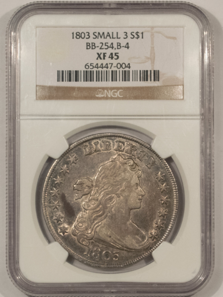 Dollars 1803 SMALL 3 DRAPED BUST DOLLAR, BB-254 B-4 NGC XF-45 MINIMAL WEAR, BLEMISH-FREE