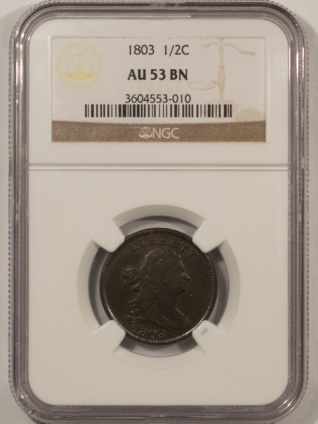 Draped Bust Half Cents 1803 DRAPED BUST HALF CENT – NGC AU-53 BN, EVEN BROWN & SO PLEASING!