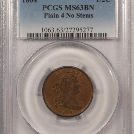 Draped Bust Half Cents 1804 DRAPED BUST HALF CENT PLAIN 4 NO STEMS PCGS MS-63 BN MEDIUM BROWN & PERFECT