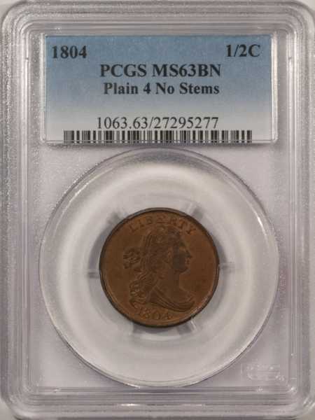 Draped Bust Half Cents 1804 DRAPED BUST HALF CENT PLAIN 4 NO STEMS PCGS MS-63 BN MEDIUM BROWN & PERFECT