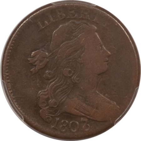 Draped Bust Large Cents 1807/6 DRAPED BUST LARGE CENT, LARGE 7 – PCGS VF-20, PRETTY! SMOOTH PLANCHET!
