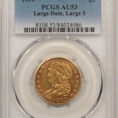 $5 1810 $5 CAPPED BUST GOLD HALF EAGLE, LG DATE LG 5 – PCGS AU-53