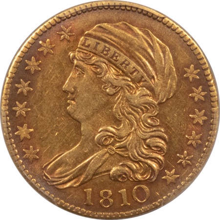 $5 1810 $5 CAPPED BUST GOLD HALF EAGLE, LG DATE LG 5 – PCGS AU-53