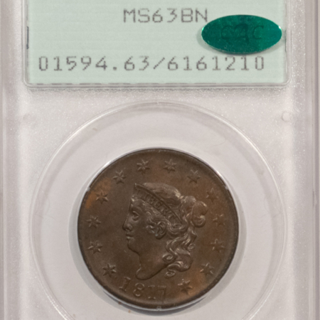 CAC Approved Coins 1817 CORONET HEAD LARGE CENT – PCGS MS-63 BN, RATTLER, PREMIUM QUALITY++ CAC!