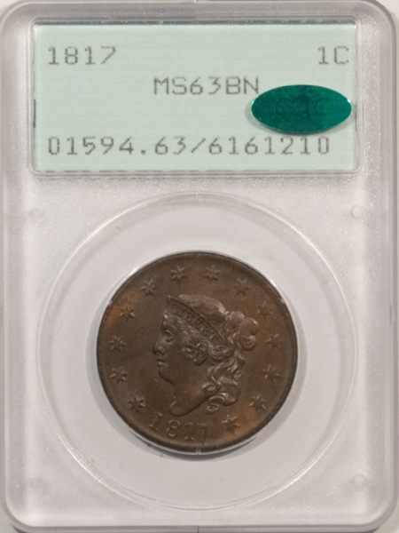CAC Approved Coins 1817 CORONET HEAD LARGE CENT – PCGS MS-63 BN, RATTLER, PREMIUM QUALITY++ CAC!