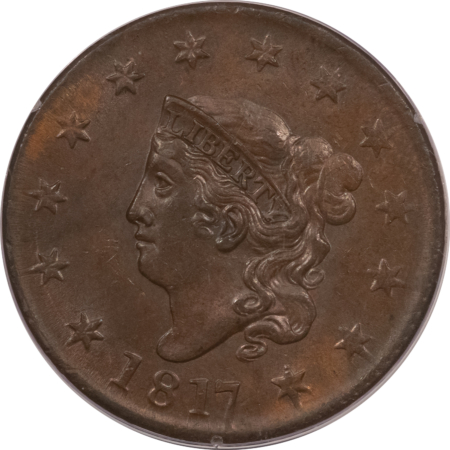 CAC Approved Coins 1817 CORONET HEAD LARGE CENT – PCGS MS-63 BN, RATTLER, PREMIUM QUALITY++ CAC!